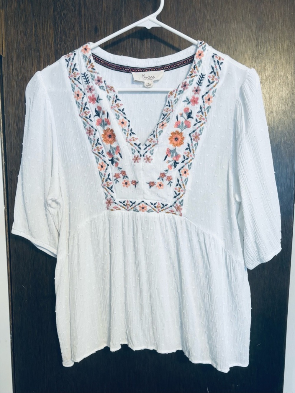 Nurture by Westbound White Peasant Tunic with Coral & Green Floral Embroidery